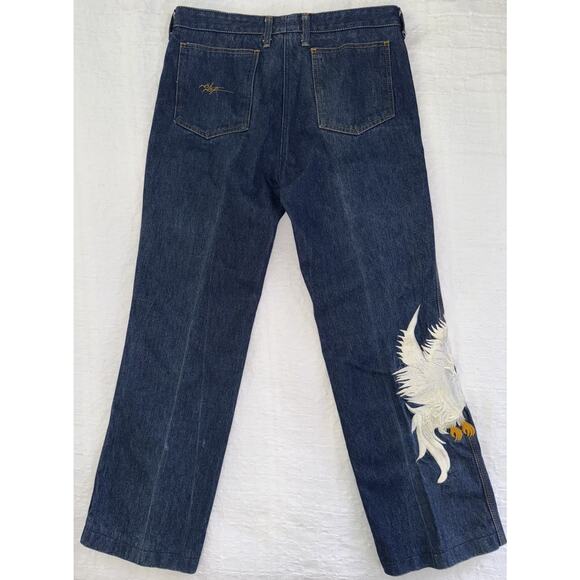 Vik Vizette Vtg 1970s Denim Jeans Embroidered Cockatoo Hippie Bell Bottom Sz 36 - Picture 4 of 16